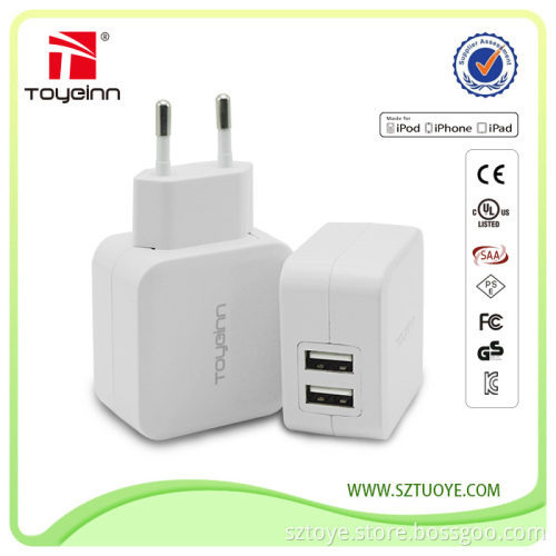 UL FCC TUV CE LVD EMC Approved 12W 5V 2400MA USB Dual Charger